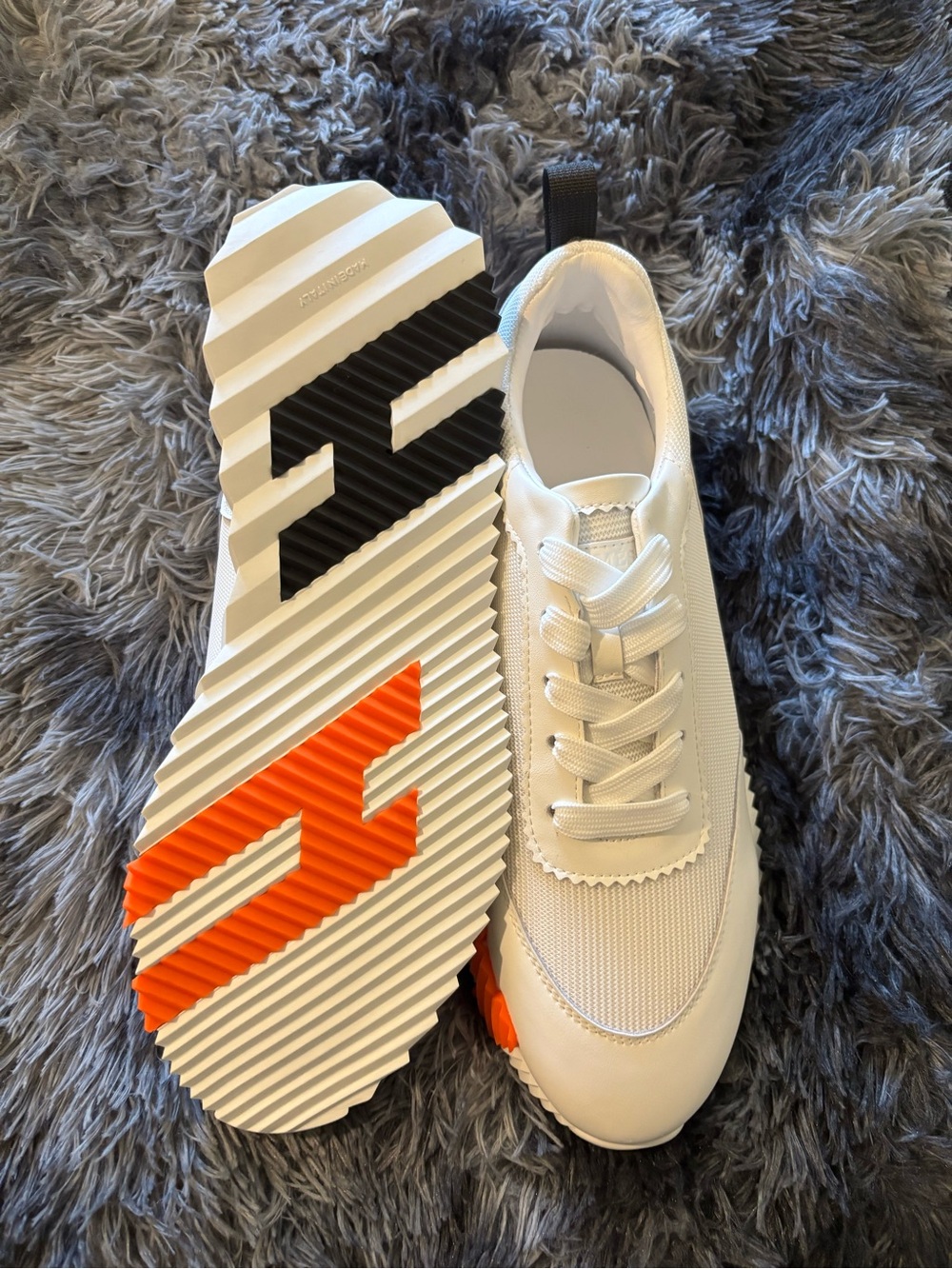 Hermes White Cream Leather & Mesh Sneakers with Black and Orange Accents - Picture 6 of 6